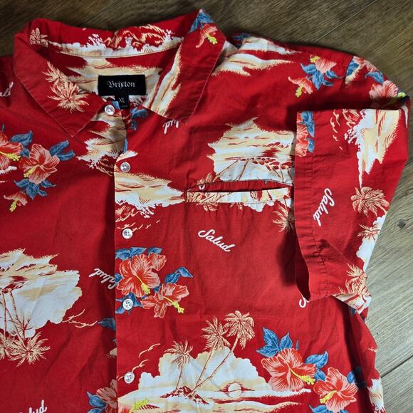 Brixton Hawaiian Shirt Mens XL Red Floral Palm Tree Short Sleeve Button Up - Picture 2 of 8